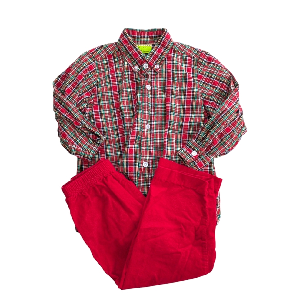 Red Plaid Button-Up Shirt and Pants Set